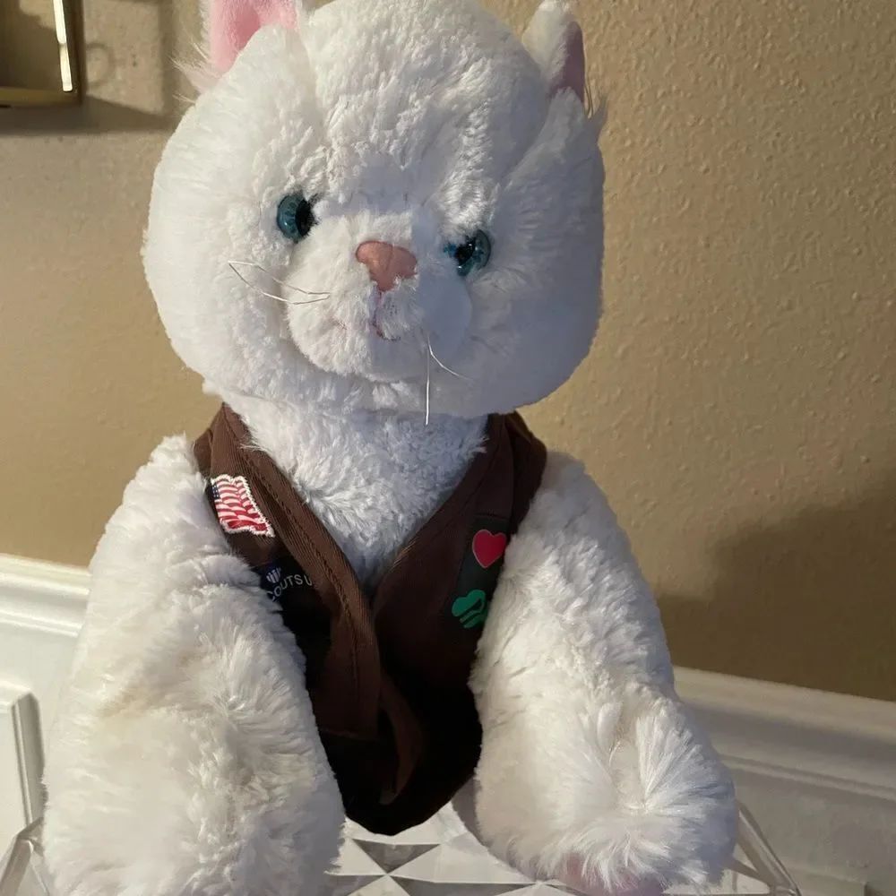 Build a Bear White Fluffy Cat with Girl Scout Outfit EUC!